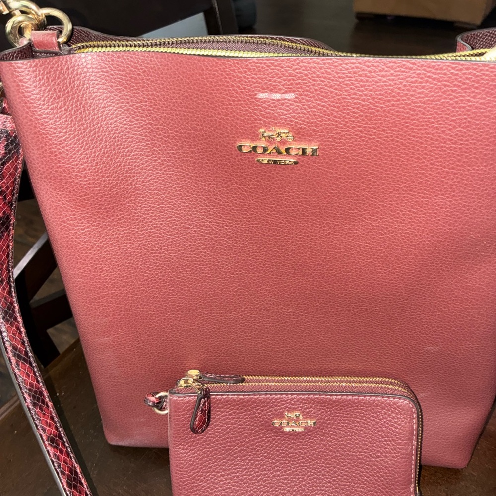 Coach Pebbled Leather Shoulder Bag and Wristlet in Burgundy with Gold Hardware